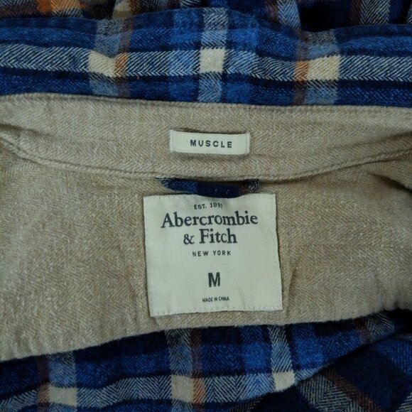 Vtg Abercrombie Fitch Blue Orange Plaid Flannel Shirt, Mens Medium 'Muscle Fit' - Picture 10 of 11